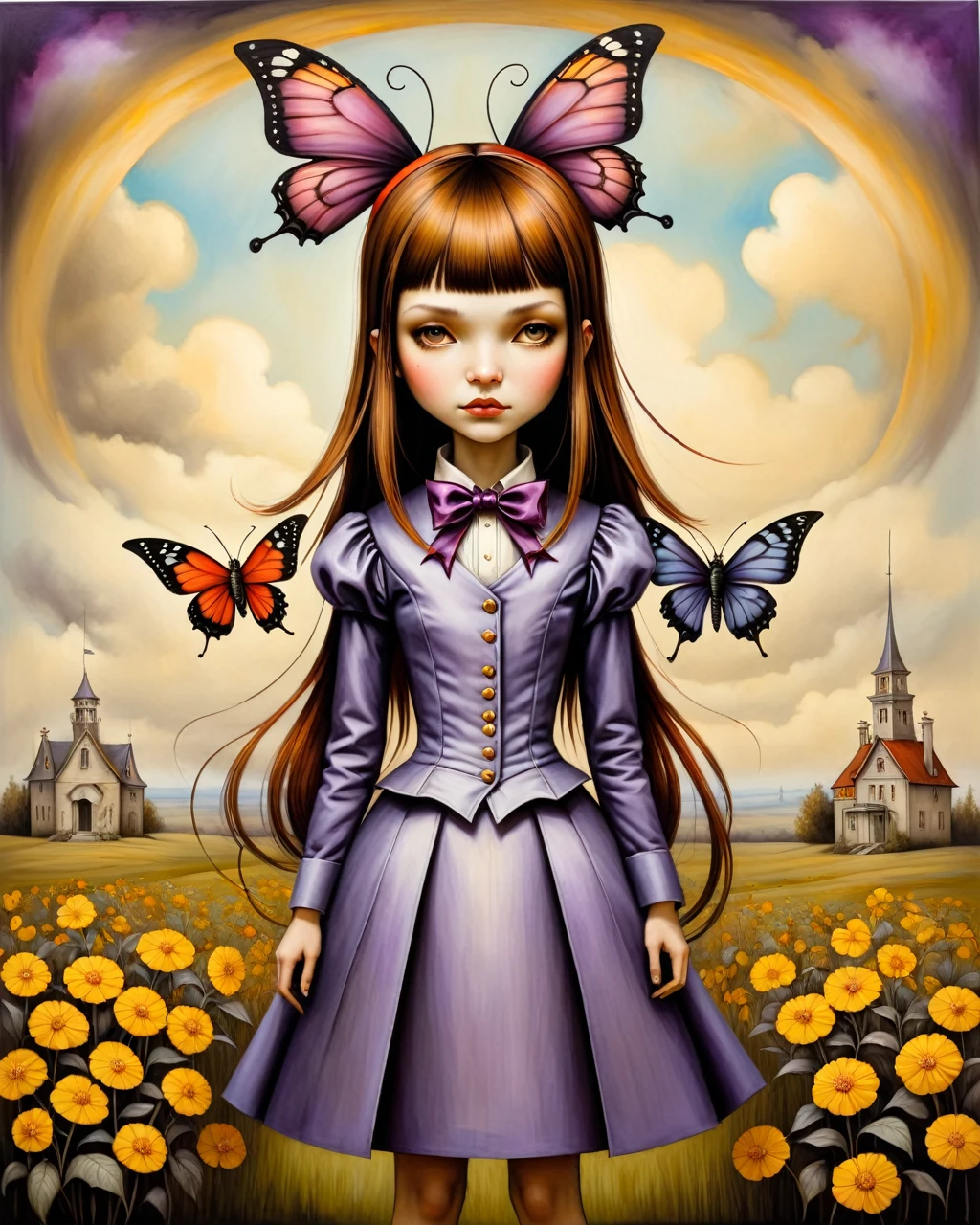 VIOLET BAUDELAIRE LEMONY SNICKET A SERIES OF UNFORTUNATE EVENTS GIRL WITH LONG straight BROWN HAIR PURPLE RIBBON BLUNT BANGS EDWARDIAN VICTORIAN GOTHIC STEAMPUNK INVENTOR origami style in the style of esao andrews,esao andrews style,esao andrews art,esao andrewsa painting of a girl gothic style of esao andrews, andrews esao artstyle, inspired by Esao Andrews, esao andrews ornate, by Esao Andrews, esao andrews, inspired by ESAO, by ESAO,  earley, shrubs and flowers esao andrews, benjamin lacombe, 1girl, bug in the style of esao andrews, esao andrews . paper art, pleated paper, folded, origami art, pleats, cut and fold, centered composition
