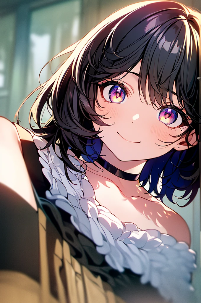 (masterpiece, highest quality, highest quality, (No text), Beautiful and aesthetic:1.2),No text,アニメ、BREAK,One Girl，Black Hair Girl　short hair　older sister　choker　Tree Eyes　Beautiful eyes　Red eyes　cool　smile　Red and Black　Black jacket　mini skirt　whole body　In town