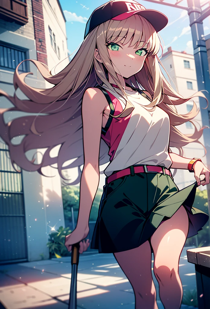 minami yume ,sss Dynazenon ,Long Hair, Brown Hair, (Green Eyes:1.5) ,blush,smile,hair band,Sleeveless shirt,Baseball cap,Long skirt,sneakers,Daytime,Clear skies,Walking,whole bodyがイラストに入るように,　　　　　　break　looking at viewer, whole body, 　　　　　　　break outdoors ,Building district,　　　　　　　　　　　　break (masterpiece:1.2), Highest quality, High resolution, unity 8k wallpaper, (shape:0.8), (Beautiful and beautiful eyes:1.6), Highly detailed face, Perfect lighting, Extremely detailed CG, (Perfect hands, Perfect Anatomy),