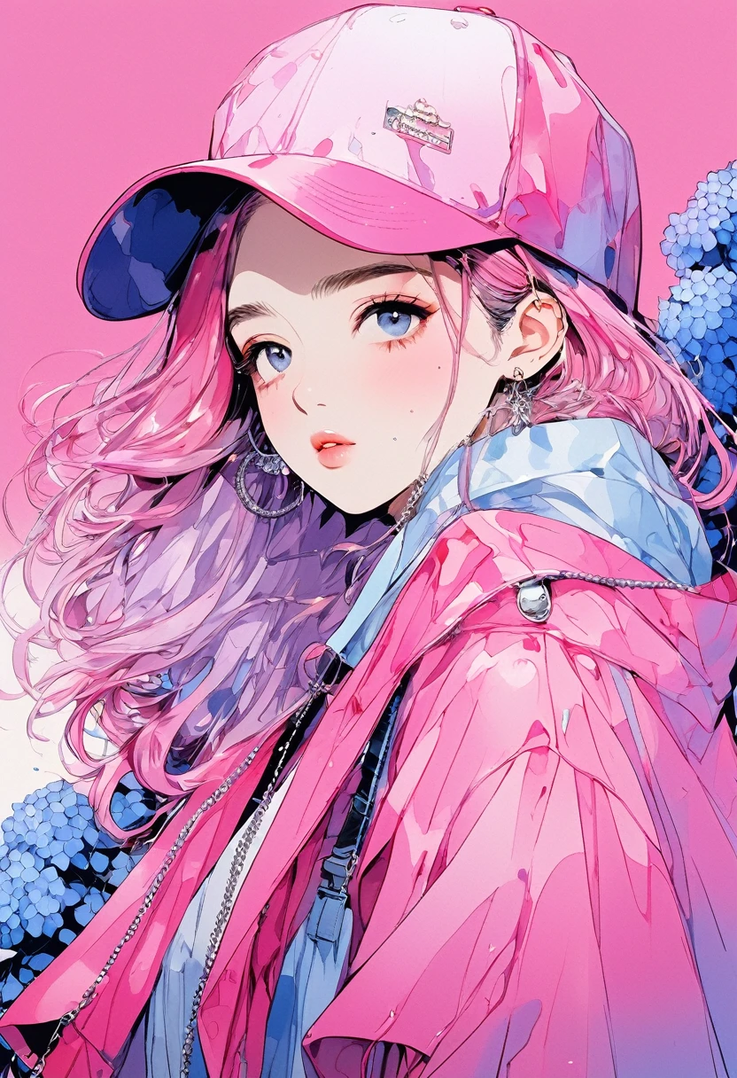 (Highest quality:0.8), (Highest quality:0.8), Perfect illustration,Beautiful woman portrait、One girl, bangs, , Mouth closed,, ear Earrings, Earrings,  Raincoat, jewelry, looking at iniewer, Medium Hair, Manicure, necklace, Earrings, short hair, hydrangea in the background、Hydrangea on background, sleeines past wrists, 一人in, Both sides up, Upper Body, in, Pop Background、Droopy eyes、Celebrity Hat Pink Gradient Hair Color、rainy season、summer、