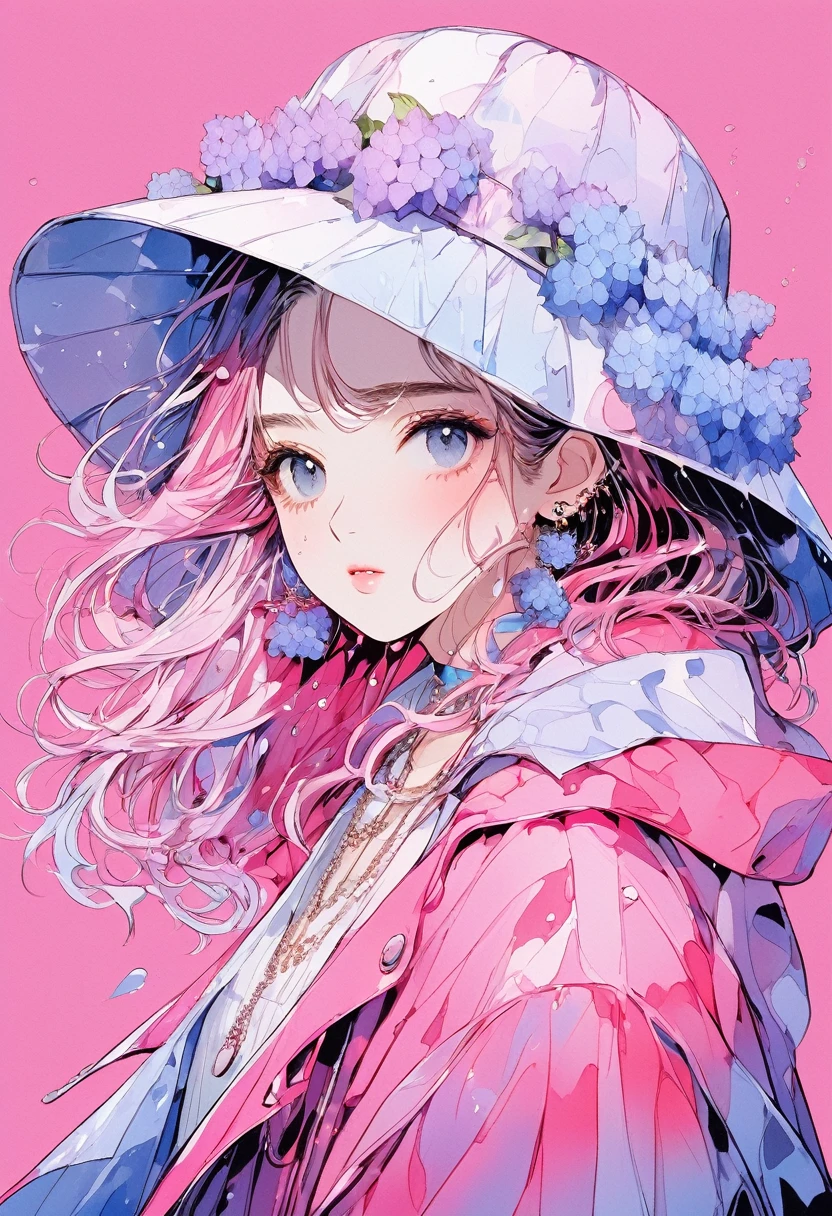 (Highest quality:0.8), (Highest quality:0.8), Perfect illustration,Beautiful woman portrait、One girl, bangs, , Mouth closed,, ear Earrings, Earrings,  Raincoat, jewelry, looking at iniewer, Medium Hair, Manicure, necklace, Earrings, short hair, hydrangea in the background、Hydrangea on background, sleeines past wrists, 一人in, Both sides up, Upper Body, in, Pop Background、Droopy eyes、Celebrity Hat Pink Gradient Hair Color、rainy season、summer、