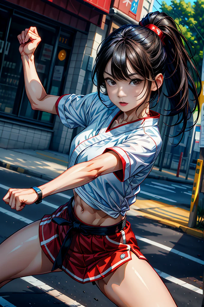 ((best quality)), ((masterpiece)), (detailed), perfect face, 1girl, black hair, brown eyes, karate, fighting pose, looking serious, detailed, high resolution, masterpiece, full body