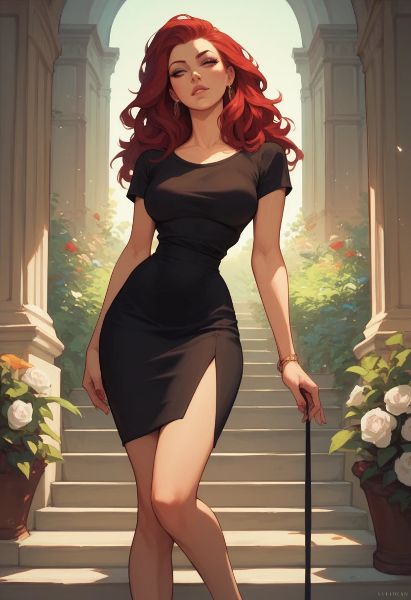 Красивая женщина в черной рубашке и черной юбке. Красивые рыжие волосы.