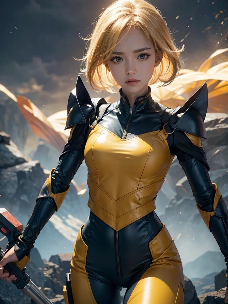 un poderoso Thunder Ranger con una cara hermosa, senos pequeños, usando un traje ajustado, con pelo amarillo, empuñando armas alienígenas, contra un dramático telón de fondo de truenos, ultra detallado, 8K, muy realista, iluminación cinematográfica, colores dramáticos