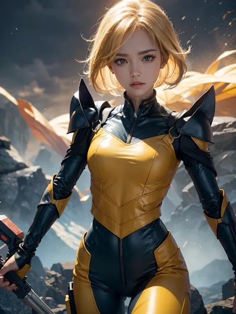 a powerful thunder ranger with a beautiful face, small breasts, wearing a tight suit, with yellow hair, wielding alien weapons, ...