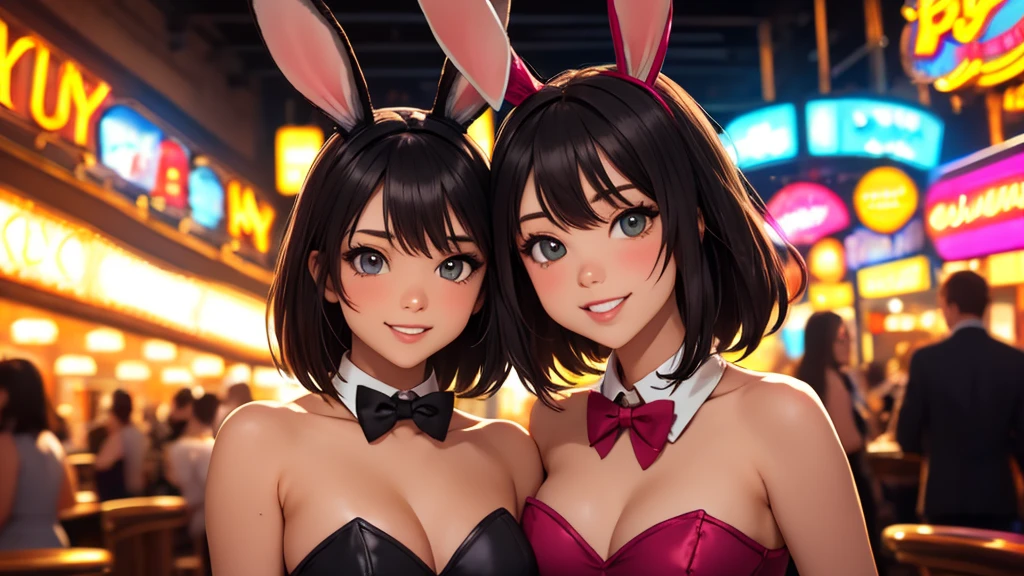 masterpiece, best quality, 1girl, solo, random face and hair, random pose, looking at viewer, breasts, playful, smiling, mature female, collarbone, janeporter, short hair, hair bun, playboy bunny, detached collar, fake animal ears, rabbit ears, rabbit tail, cyberpunk, neon lights, indoors, casino, yellow leotard, bowtie, depth of field,