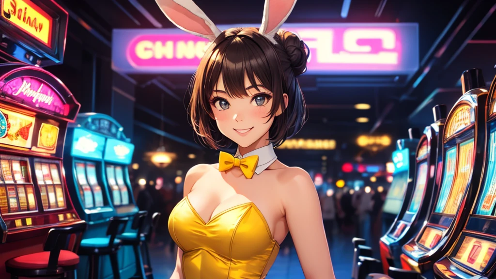 masterpiece, best quality, 1girl, solo, random face and hair style, random hair color, random pose, looking at viewer, breasts, playful, smiling, mature female, collarbone, janeporter, short hair, hair bun, playboy bunny, detached collar, fake animal ears, rabbit ears, rabbit tail, cyberpunk, neon lights, indoors, casino, yellow leotard, bowtie, depth of field,