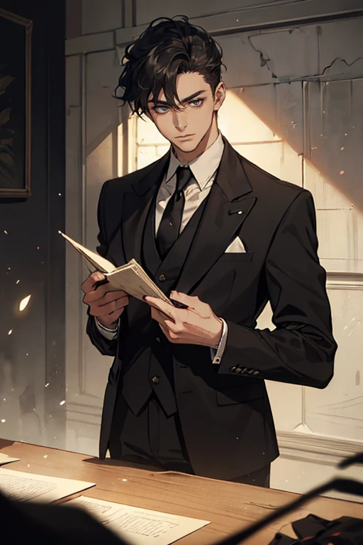 ((One young man with a black suit and tie)), alejandro, (((one side swept dark short neat hair))), ( green eyes and thick eyebrows), ((20 years old)), ((masterpiece)), ((cinematic lighting)), relax look and smirk, waiting for someone