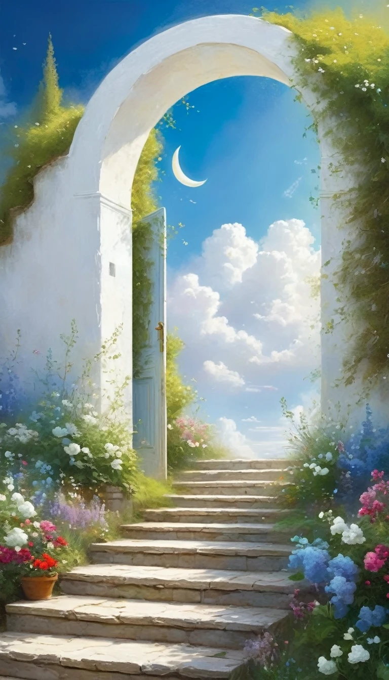 painting，Volume sense，A beautiful ethereal landscape, a long white cloud staircase leading to a door in a quiet blue sky, fluffy soft white clouds,Small Crescent， like a dream, fantastic, (best quality, 4K,8K, high resolution, Masterpiece :1.2), very detailed, (practical, photoppractical, Photo practical :1.37), landscape, fantasy, Dramatic lighting, bright colors, quiet, calming, calming, ethereal atmosphere