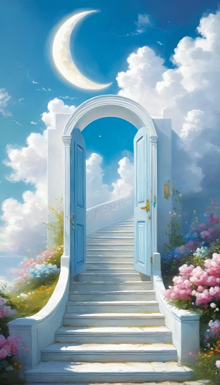 painting，Volume sense，A beautiful ethereal landscape, a long white cloud staircase leading to a door in a quiet blue sky, fluffy soft white clouds,Small Crescent， like a dream, fantastic, (best quality, 4K,8K, high resolution, Masterpiece :1.2), very detailed, (practical, photoppractical, Photo practical :1.37), landscape, fantasy, Dramatic lighting, bright colors, quiet, calming, calming, ethereal atmosphere