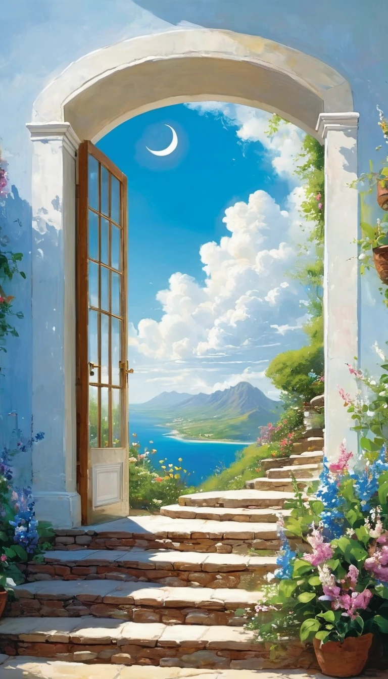 painting，Volume sense，A beautiful ethereal landscape, a long white cloud staircase leading to a door in a quiet blue sky, fluffy soft white clouds,Small Crescent， like a dream, fantastic, (best quality, 4K,8K, high resolution, Masterpiece :1.2), very detailed, (practical, photoppractical, Photo practical :1.37), landscape, fantasy, Dramatic lighting, bright colors, quiet, calming, calming, ethereal atmosphere