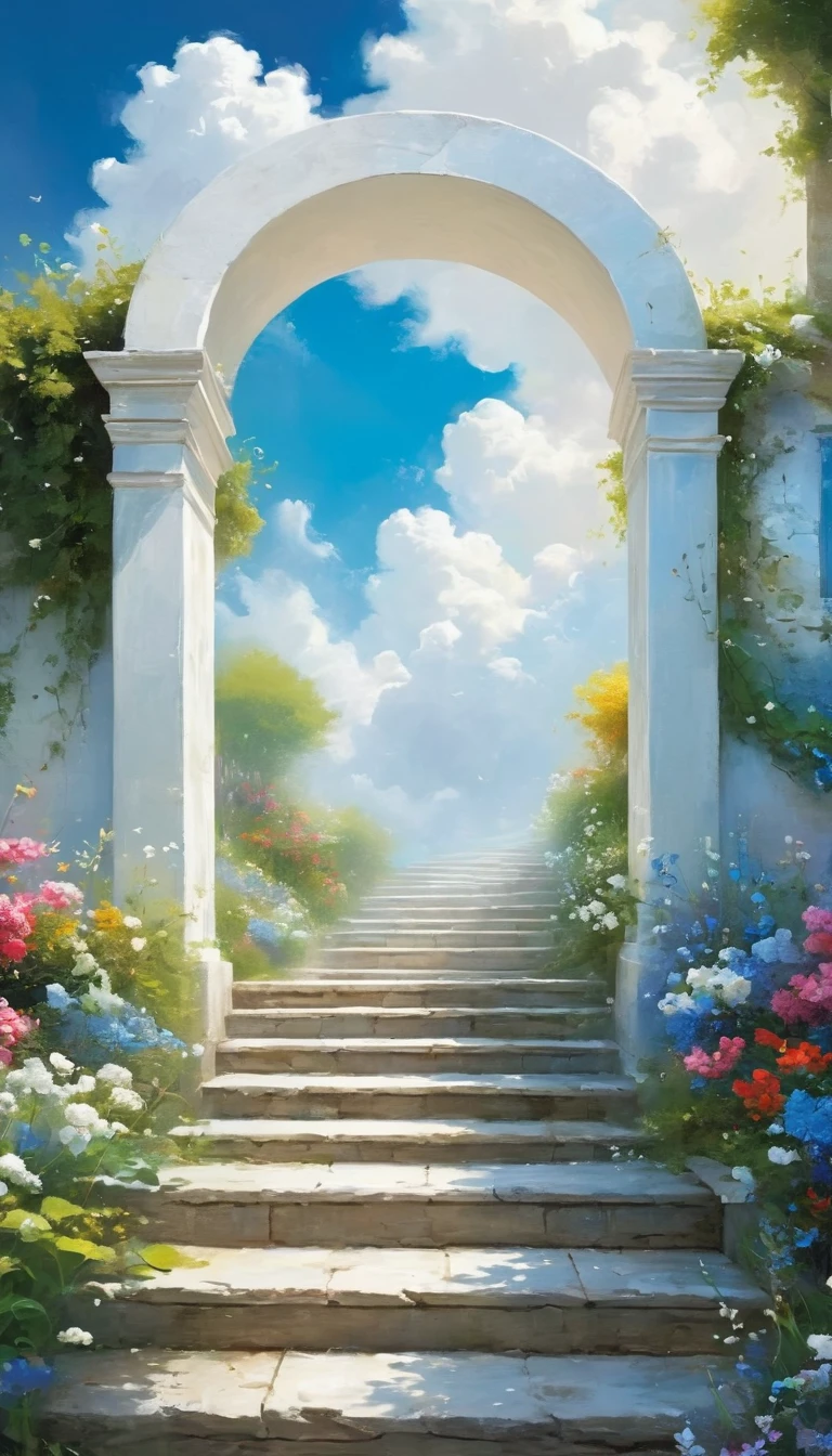 painting，Volume sense，A beautiful ethereal landscape, a long white cloud staircase leading to a door in a quiet blue sky, fluffy soft white clouds,Small Crescent， like a dream, fantastic, (best quality, 4K,8K, high resolution, Masterpiece :1.2), very detailed, (practical, photoppractical, Photo practical :1.37), landscape, fantasy, Dramatic lighting, bright colors, quiet, calming, calming, ethereal atmosphere