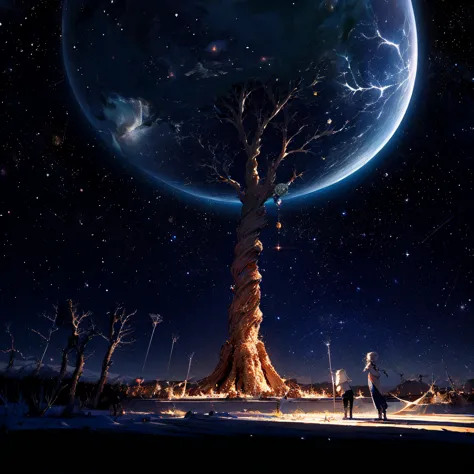 Cosmic Tree: Depict the Tree of Life as a vibrant, cosmic entity with galaxies and stars as its roots and branches.