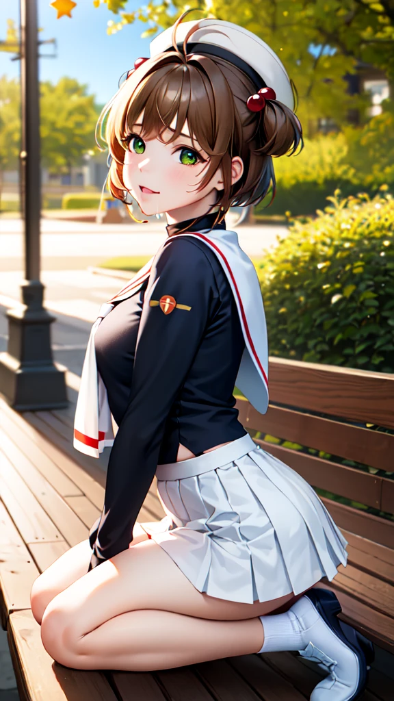 masterpiece, best quality, highres, kinomoto sakura, 1girl, brown hair, short hair, antenna hair, two side up, hair bobbles, green eyes, , white sailor collar, black shirt, long sleeves, white skirt, pleated skirt, sitting, eating, outdoors, bench, food, leaf, (masterpiece, best quality: 1.2),(very detailed face, real image, realistic skin, realistic body, intricate details),1 woman, Kinomoto Sakura, brown hair, alone, skirt, green eyes, Short hair, have, white skirt, white hat, Magic Girl, Antenna hair, laugh, serafuku, pleated skirt, dehisce, looking at viewer, cowboy shot, long sleeves, star (symbol), muffler, lie down in bed with both arms extended above the head and placed behind the pillow, anime girl lying down, expose plump breasts, whole body, plump thighs, Natural Pose, beautifully, cute, Fix errors without any awkwardness, tall, I have long legs, Wearing (tomoeda_초등school_school_Uniform),black top, tennis mini skirt,cry in shame, wearing white ankle socks, random sexy poses, a woman in a kneeling on the floor, beautiful detailed body and face, barechest, riding, app, clothes fully on, 8 x, x, teasing, hololive, norman ackroyd, paul barson, tri - x pan stock, extra limb, alexander jansson style, bright castleton green, pentax 67, thom yorke (guitar),a woman sitting on top of a table next to a man, the sailor jupiter. beautiful, covered breasts, portrait of two girls kissing, , birdseye view, dripping saliva, cover, devoted