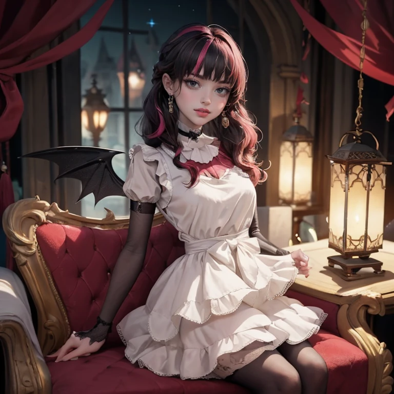 1 girl, a girl with bat wings, bat choker, necklace, centered, bat jewelry, Pink bat Jewelry, smile, vampire fangs, (looking at viewer), Draculaura_MH, wavy hair, Alone, half black hair, half pink hair, multicolored hair, long hair, gothic scenery, gothic style, maid dress, white apron, maid apron, maid headdress, white skirt, pink knee boots, smiling, black lanterns, depth of field, film composition, more details, maid dress, black maid headdress, black maid apron, bat wings, white dress, black dress with transparency, pink laces, pink gloves, black high socks , boots of high hills, bat jewel, jewel, sit on the grass, dark red roses in focus, Draculaura_(school of monsters), school of monsters, Looking at the viewer, More details on the clothes, magenta roses, ornament hair, roses on her hair, maid, maid dress, magenta details, magenta roses, maid headdress, maid apron, purple hair, long hair, seat on a sofa in the balcony, gothic home style, bats details, more details on her clothes, gold details on her clothes, night, smiling, standing her hand to a viewer, looking at the viewer, oriental architecture, lantern, in the sky a several asteroids glowing with fiery auras on the background, Dramatic lighting from distant stars and planets illuminates the scene, looking at the vast and mysterious universe, cowboy shot, upper body portrait, more details, sparkle, firefly