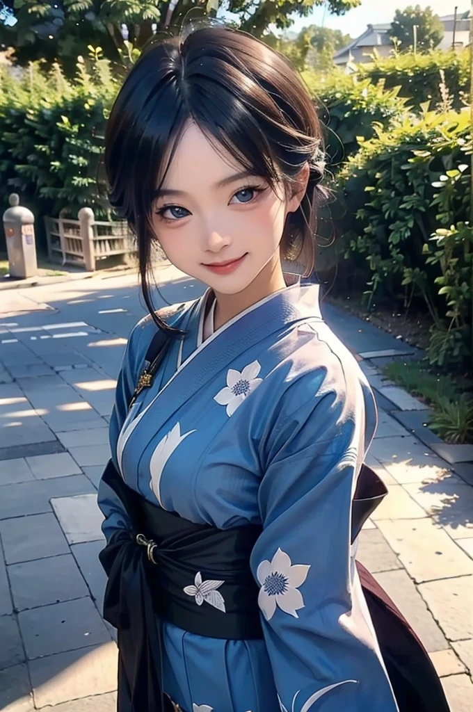 A beautiful smiling woman in a kimono greets people with a cheerful "Good morning" as her arms open under the blue sky