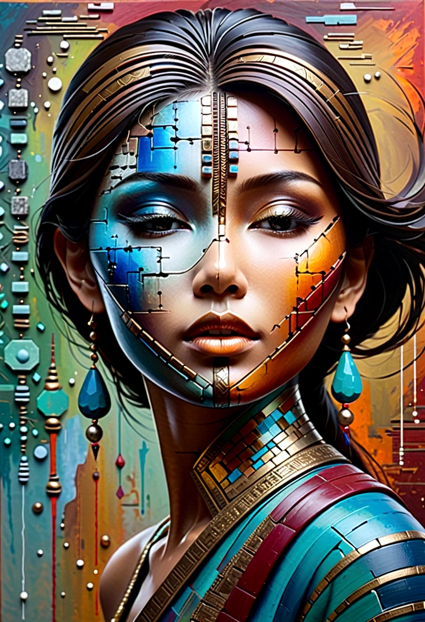 アジア人女性の横顔&#39;顔(タイ風)抽象芸術,クールな色