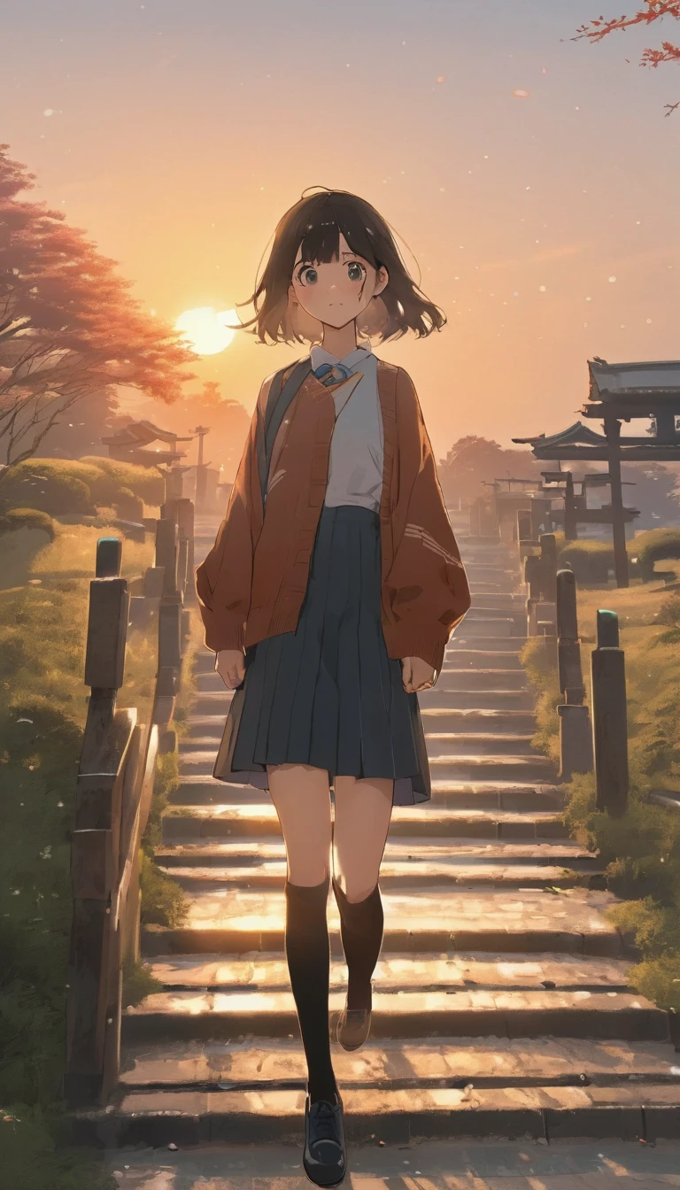 One Girl, (Sunset sky), Standing and waving, School Area, Rural landscape, scenery, School Cardigan, (Sleeves are longer than the wrist), Powerful loafers, Black ash two side up hair, Blunt bangs, Beautiful dark eyes, Black knee socks, Cinema Lighting, Upper Body, :3,Long staircase、torii、A historic shrine