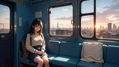 a young girl sits alone on a blue train, gripping a white book. the train's interior is bathed in a cool blue hue, with light wo...