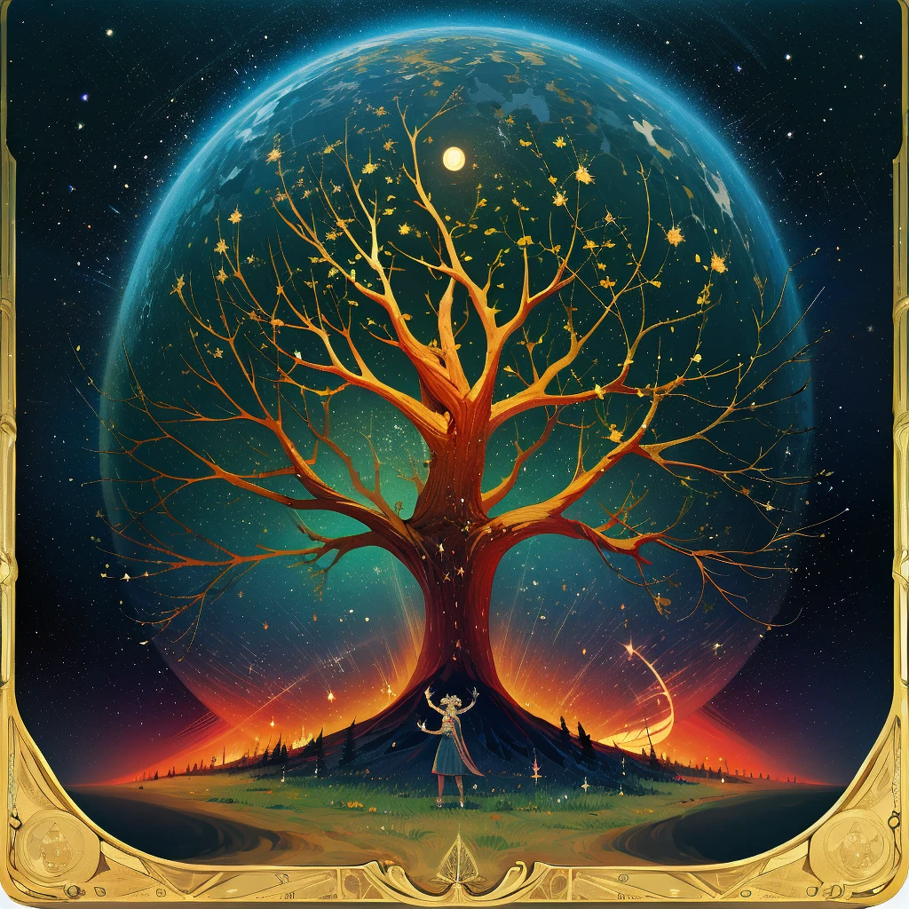 Behold the resplendent Cosmic Tree, a magnificent portrayal of the Tree of Life, adorned with celestial galaxies and shimmering stars that gracefully extend as its roots and branches