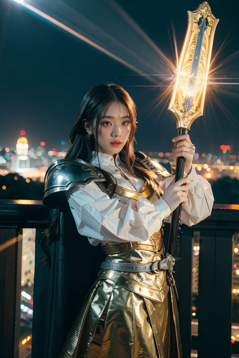 (masterpiece, best quality), A paladin holding a light-infused sword, light magic, divine, mage aura, silver and gold, 4k, dark cityscape, Fujifilm