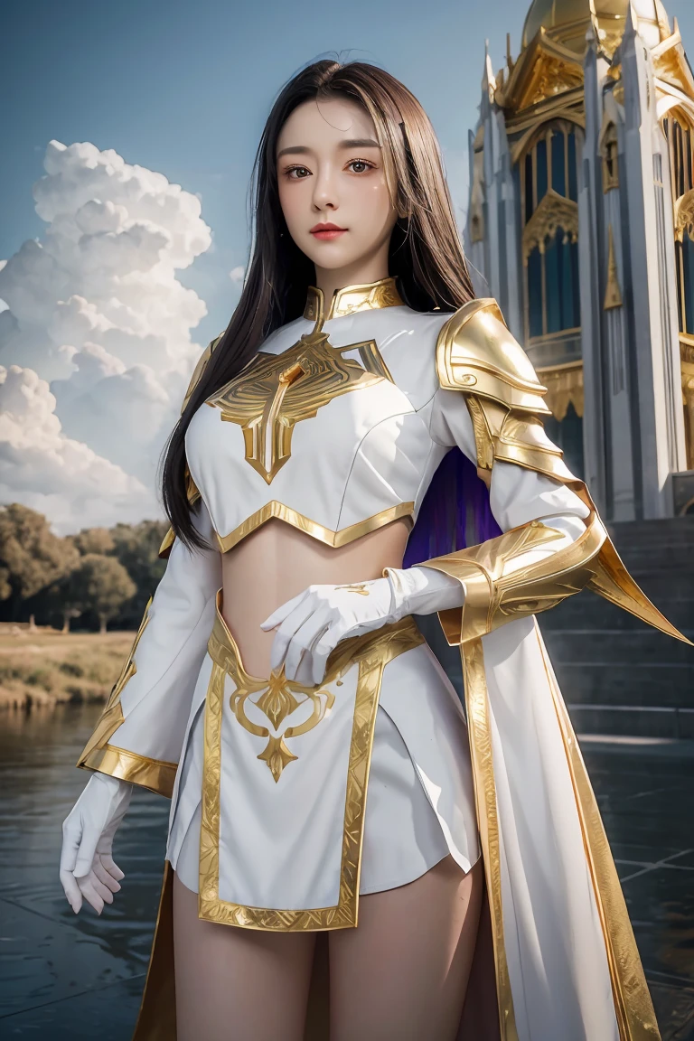 ((masterpiece, best quality, extremely detailed), volumetric lighting, ambient occlusion, colorful, glowing), 1girl, solo, young girl, (dark hair), long hair, halo, aura, sacred, goddess, cleric suit, (white outfit with gold detailst:1.3), armor, outdoors, sunset, sky, clouds, space, (fantasy theme:1.2), full armor