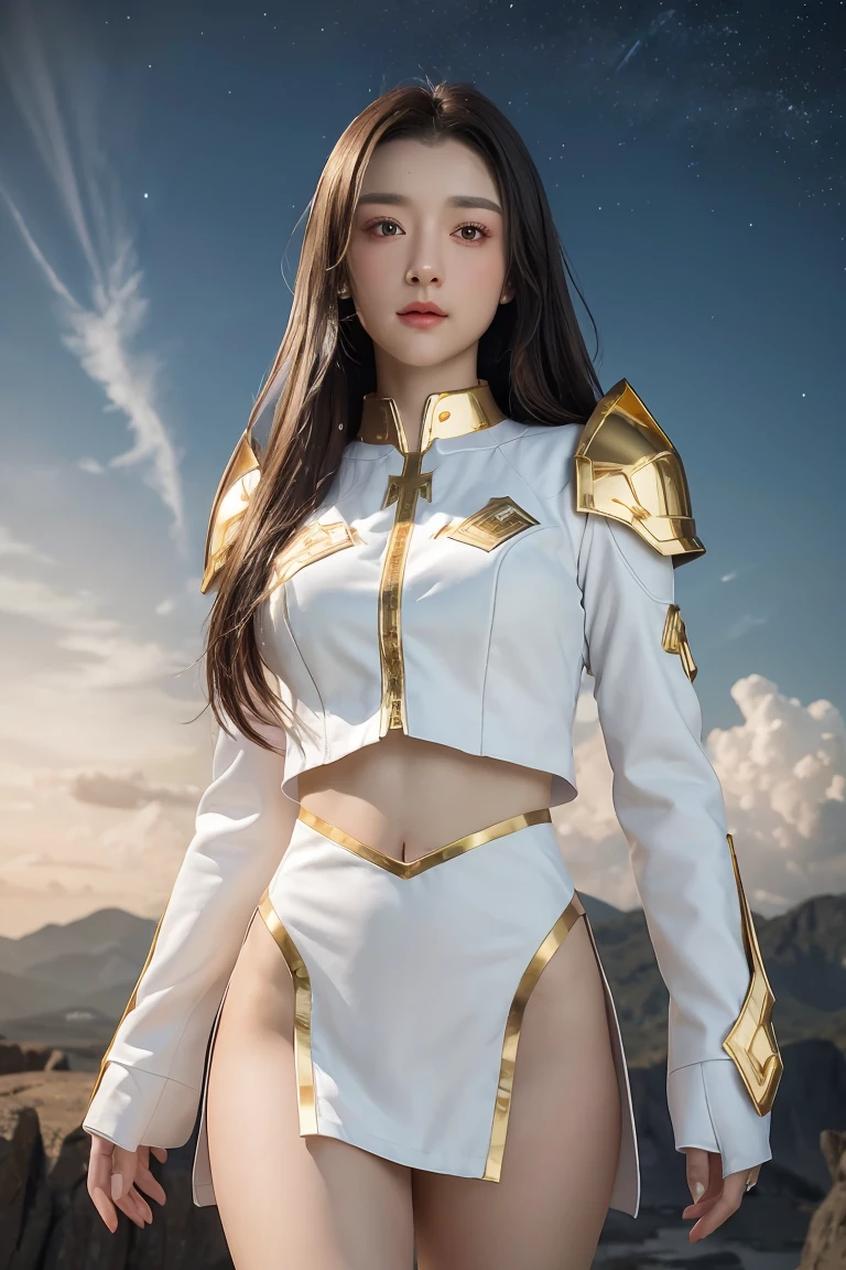 ((masterpiece, best quality, extremely detailed), volumetric lighting, ambient occlusion, colorful, glowing), 1girl, solo, young girl, (dark hair), long hair, halo, aura, sacred, goddess, cleric suit, (white outfit with gold detailst:1.3), armor, outdoors, sunset, sky, clouds, space, (fantasy theme:1.2), full armor