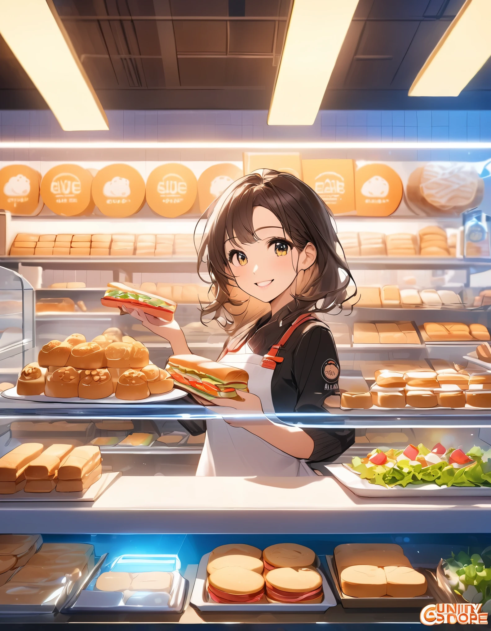 1 beautiful smiling young woman in a bakery, making sandwiches, _give, cute bear store logo on the wall, bear bread, neon lights, bread, cookies, sandwiches, salads, bottled drinks, Japanese anime style, beautiful background, depth of field, CG unity, illustration