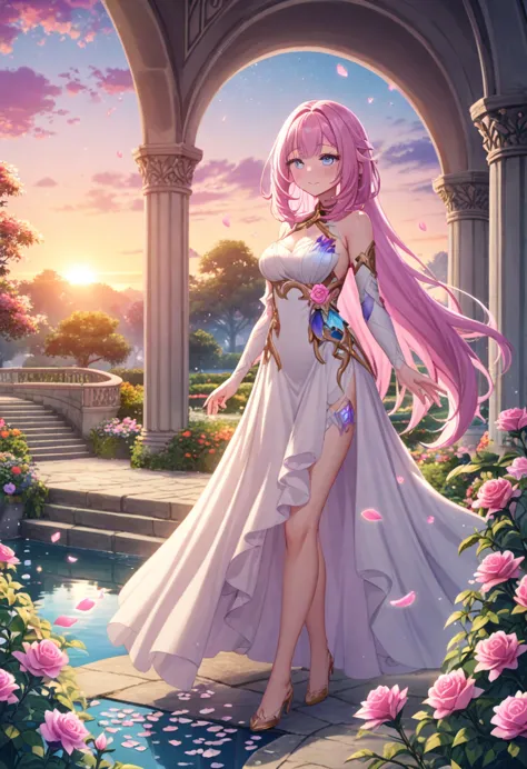 masterpiece,so beautiful,absurd, up to date, one girl,elysia,alone,wearing a white sleeveless wrap gown,very long pink hair,blue...