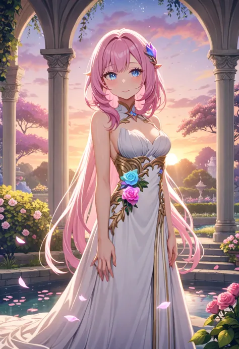 masterpiece,so beautiful,Absurd, up to date, One girl,Elysia,alone,Wearing a white sleeveless wrap gown,Very long pink hair,Blue...