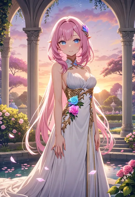 masterpiece,so beautiful,absurd, up to date, one girl,elysia,alone,wearing a white sleeveless wrap gown,very long pink hair,blue...