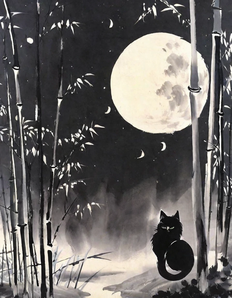 Highest quality, masterpiece, High resolution, Super Long Shot,Rough but artistic brushwork,Whity,moon,Beautiful Nature,Mountain,Black cat,river,bamboo forest,Free your imagination,Beautiful Nature美,The pinnacle of art,Mountain水画のような