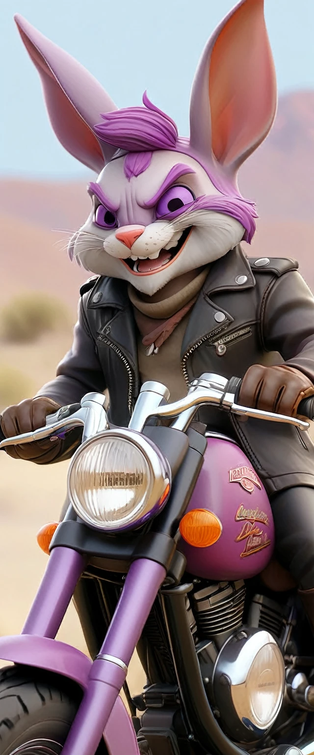 cute, absurd, fun, a fantastic purple rabbit, wearing googles, black leather coat and pants, military boots, smiling, with his ears in the wind, riding a red Harley-Davidson Softail Heritage classic motorcycle, on a road in the middle of the desert, cinematic, dramatic, CG cartoon, masterpiece, dynamic view, full body,