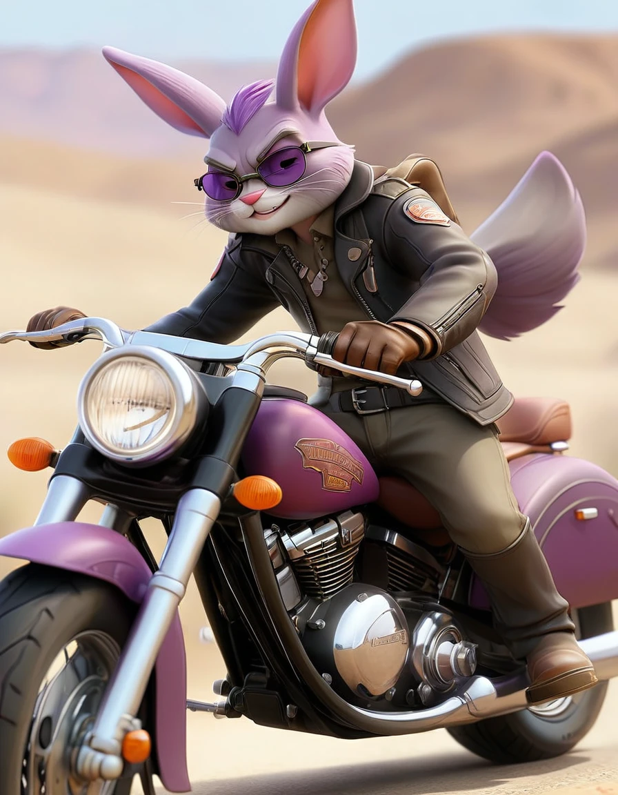 cute, absurd, fun, a fantastic purple rabbit, wearing googles, black leather coat and pants, military boots, smiling, with his ears in the wind, riding a red Harley-Davidson Softail Heritage classic motorcycle, on a road in the middle of the desert, cinematic, dramatic, CG cartoon, masterpiece, dynamic view, full body,