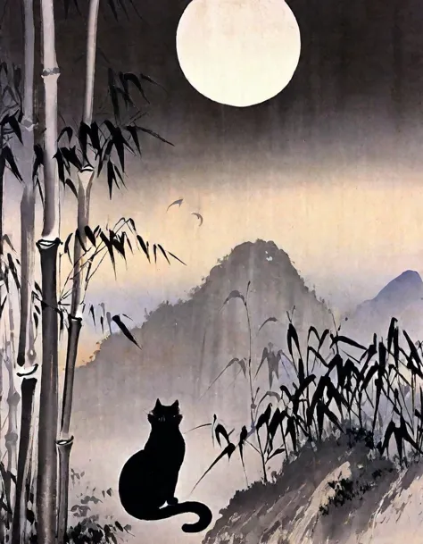 highest quality, masterpiece, high resolution, super long shot,rough touch,whity,moon,beautiful nature,mountain,black cat,river,...