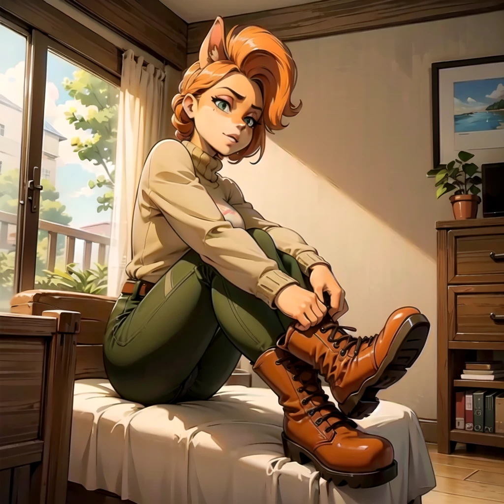 anthro bandicoot girl redhead, braided hair, beautiful green eyes, relaxing moment, sexy ,seductive, warm sweater, camouflage pants, army boots, , cozy lighting, vibrant colors , girl anthro , sweater, camouflage pants, army boots, hands to boots