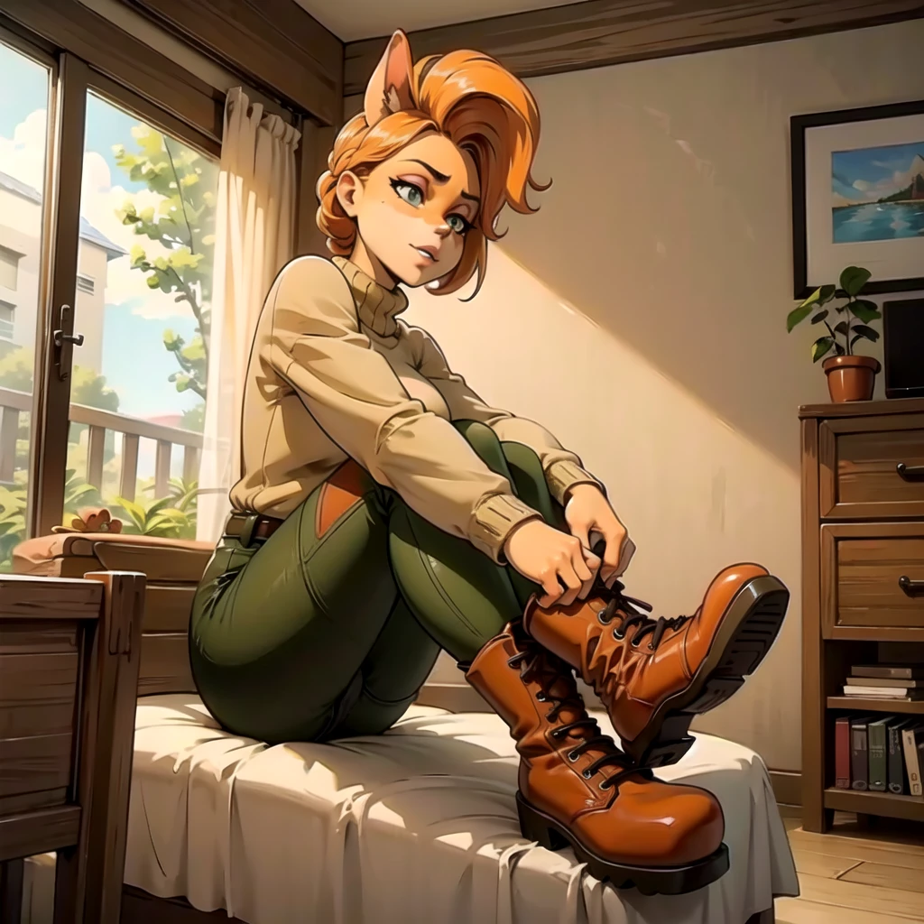 anthro bandicoot girl redhead, braided hair, beautiful green eyes, relaxing moment, sexy ,seductive, warm sweater, camouflage pants, army boots, , cozy lighting, vibrant colors , girl anthro , sweater, camouflage pants, army boots, hands to boots