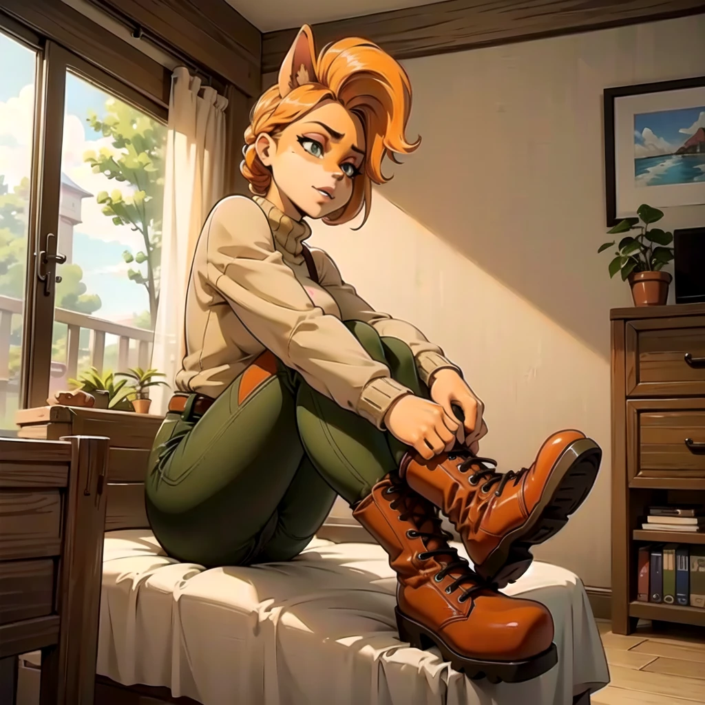 anthro bandicoot girl redhead, braided hair, beautiful green eyes, relaxing moment, sexy ,seductive, warm sweater, camouflage pants, army boots, , cozy lighting, vibrant colors , girl anthro , sweater, camouflage pants, army boots, hands to boots