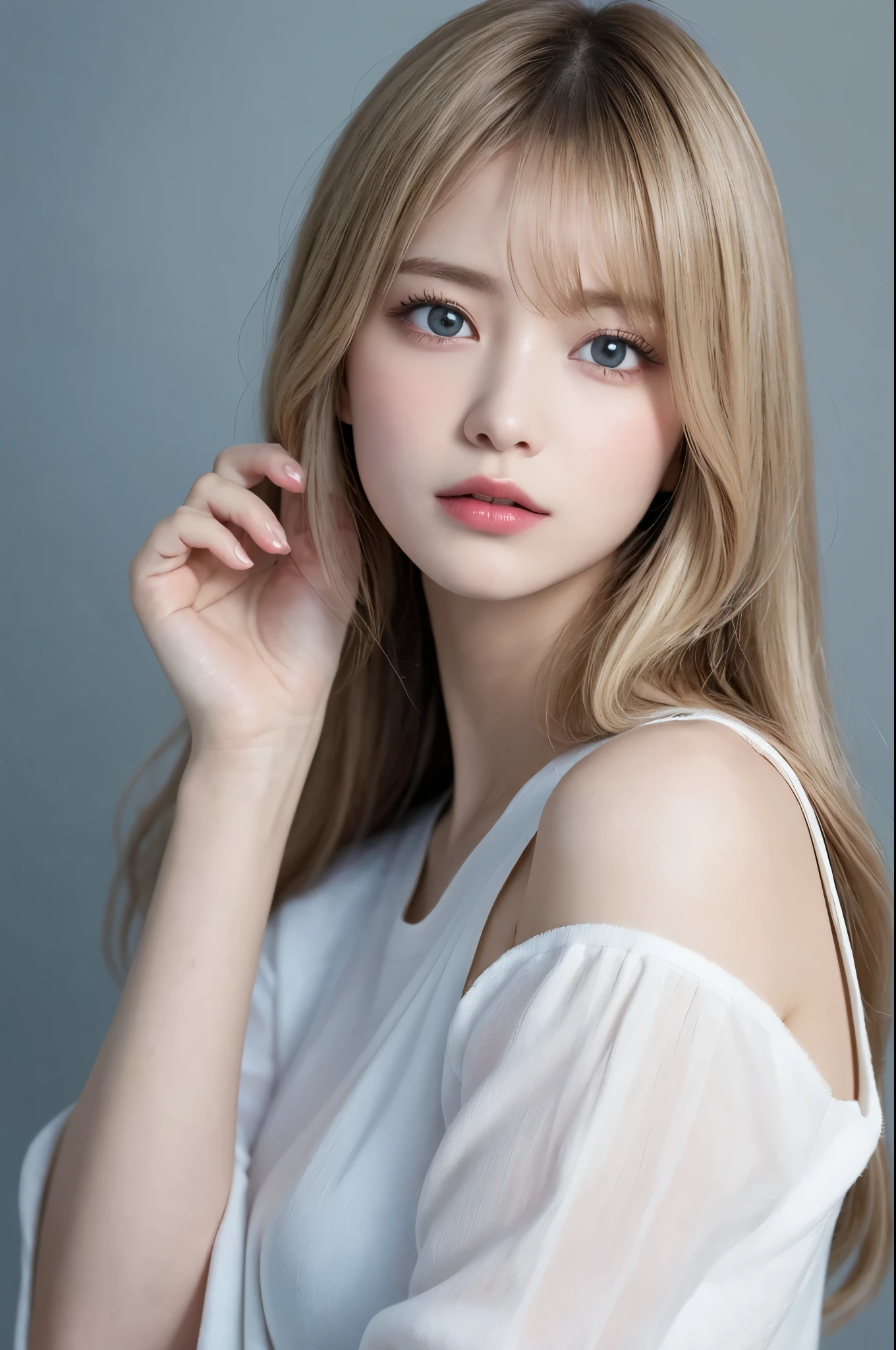 A woman with long blonde hair and blue eyes posing for a picture