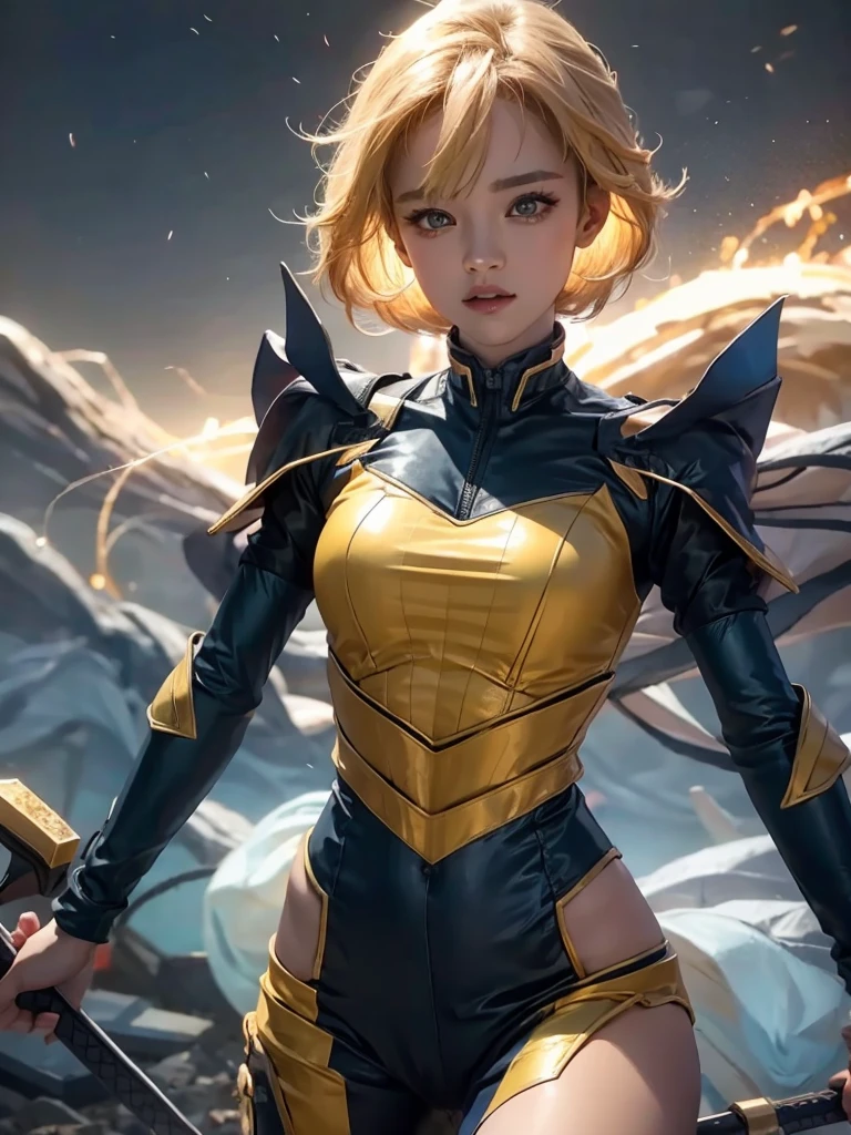 un poderoso Thunder Ranger con una cara hermosa, senos pequeños, usando un traje ajustado, con pelo amarillo, empuñando armas alienígenas, contra un dramático telón de fondo de truenos, ultra detallado, 8K, muy realista, iluminación cinematográfica, colores dramáticos