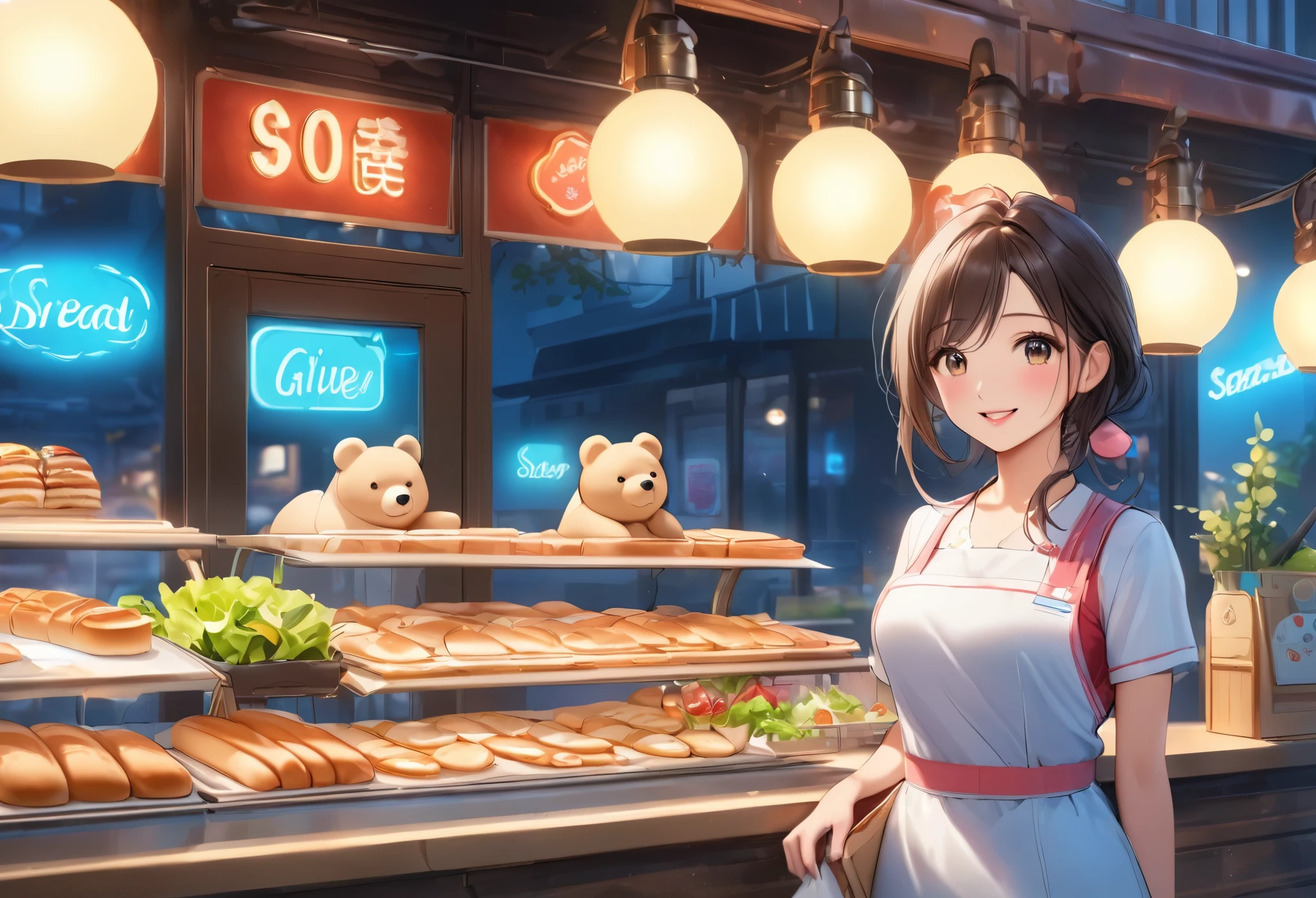 Bread店，A pretty girl，Female shop assistant，Happy smile，beautiful face，制作Sandwiches，_Give，A cute bear shop sign on the wall，小熊Bread，neon light，Bread，biscuit，Sandwiches，Salad，Bottled drinks，anime，Nice background，Depth of Field，CG unity，illustration，