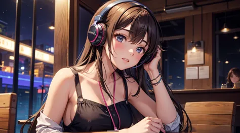 girl with headphones enjoying music in a cafe　i am studying　emphasize a little bit of the chest night background