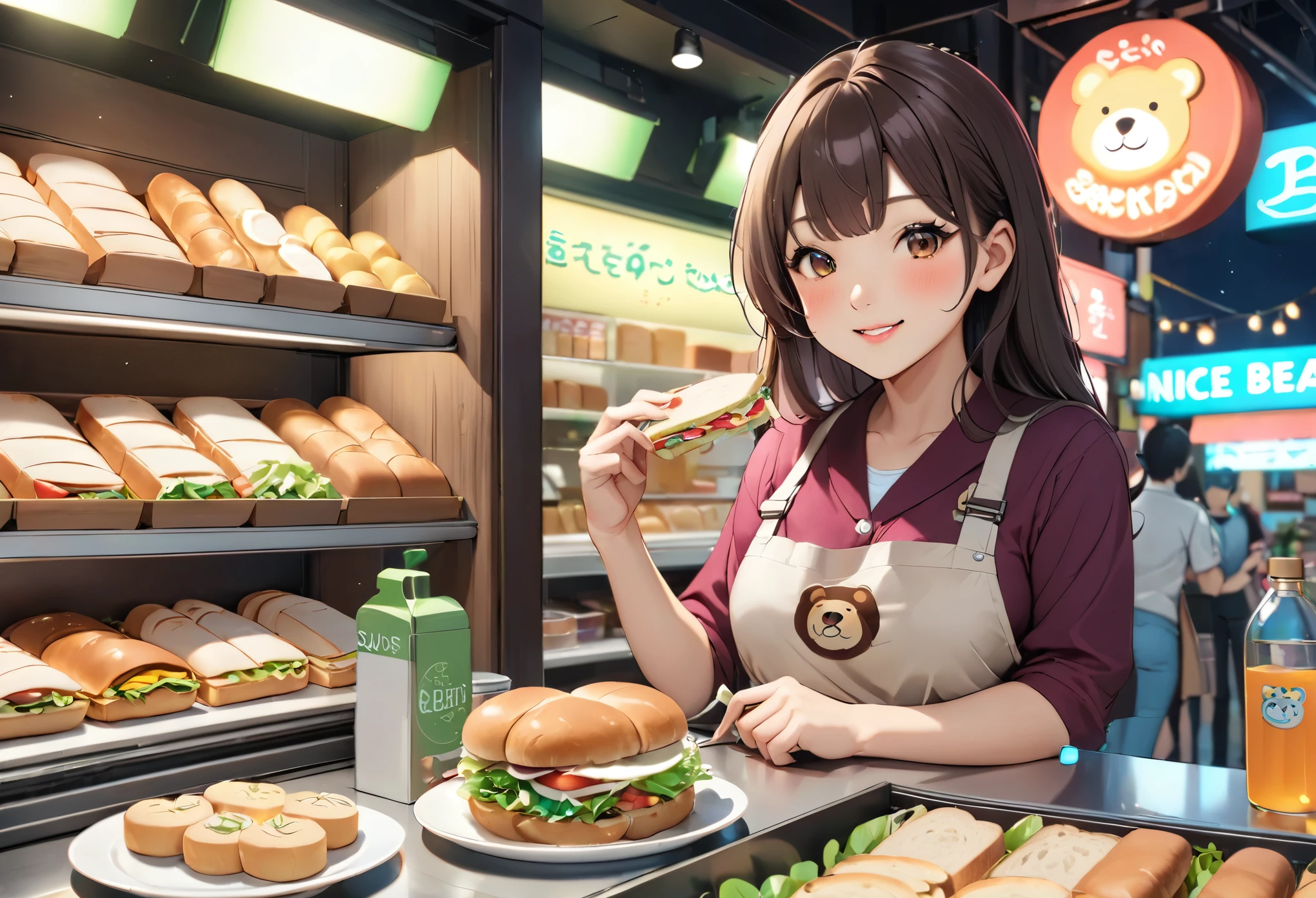 パン店，かわいらしい女の子，女性店員，にっこり，美しい顔，制作サンドイッチ，_与える，壁にはかわいいクマの看板，小熊パン，ネオンライト，パン，ビスケット，サンドイッチ，サラダ，ボトル入り飲料，アニメ，素敵な背景，被写界深度，CG 統一，図，