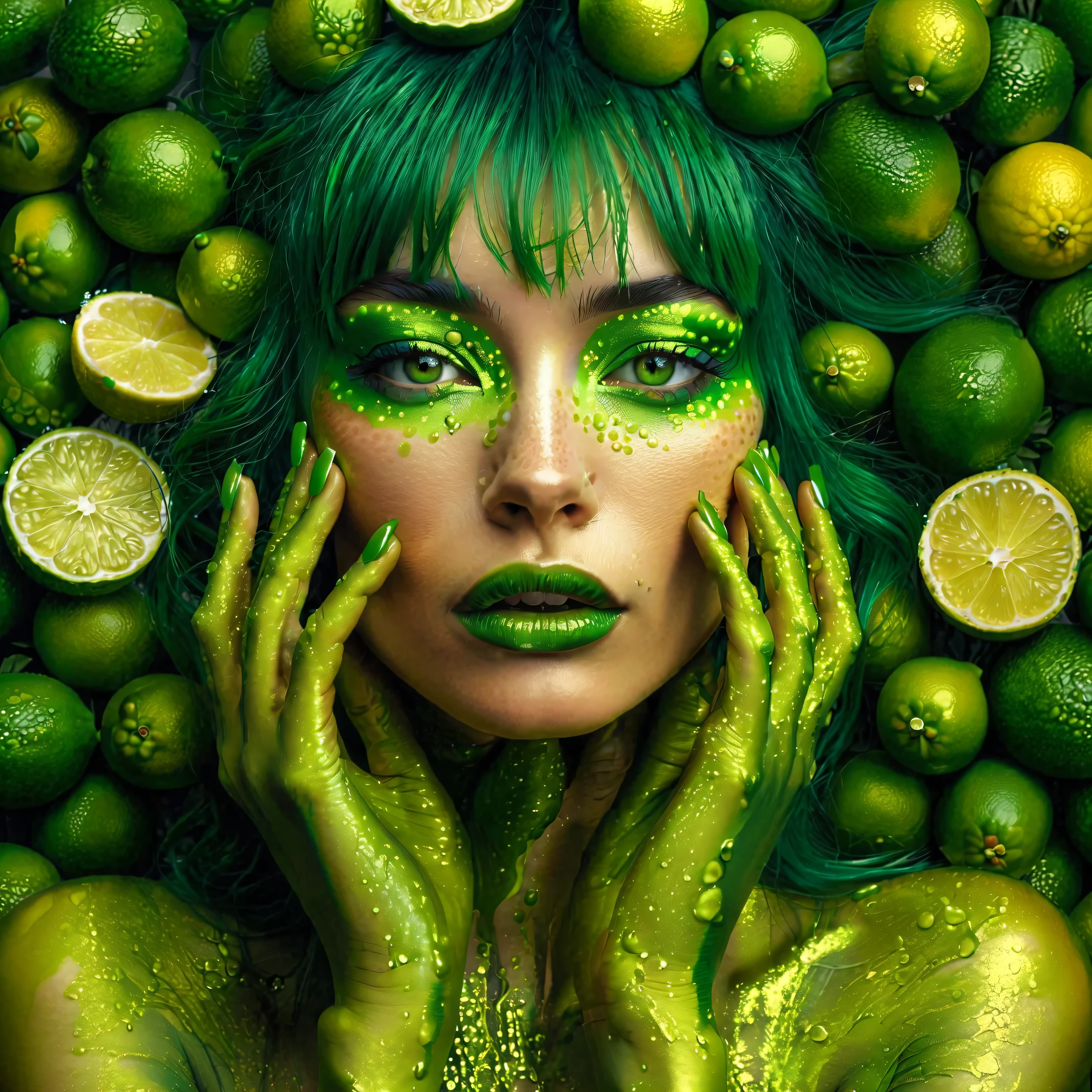 there is a woman with green hair and green makeup with limes, inspired by Hedi Xandt, green skin!, inspired by David LaChapelle, inspired by Dino Valls, green skin, hyperrealism photography, hyper-realistic photography, green face, green colored skin!!, hyperrealism artstyle, hyperrealistic mixed media, hyper realistic photography