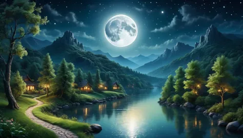 best quality,ultra-detailed,realistic,beautiful full moon,shimmering,captivating landscape,vivid colors,night sky,tranquil scene...