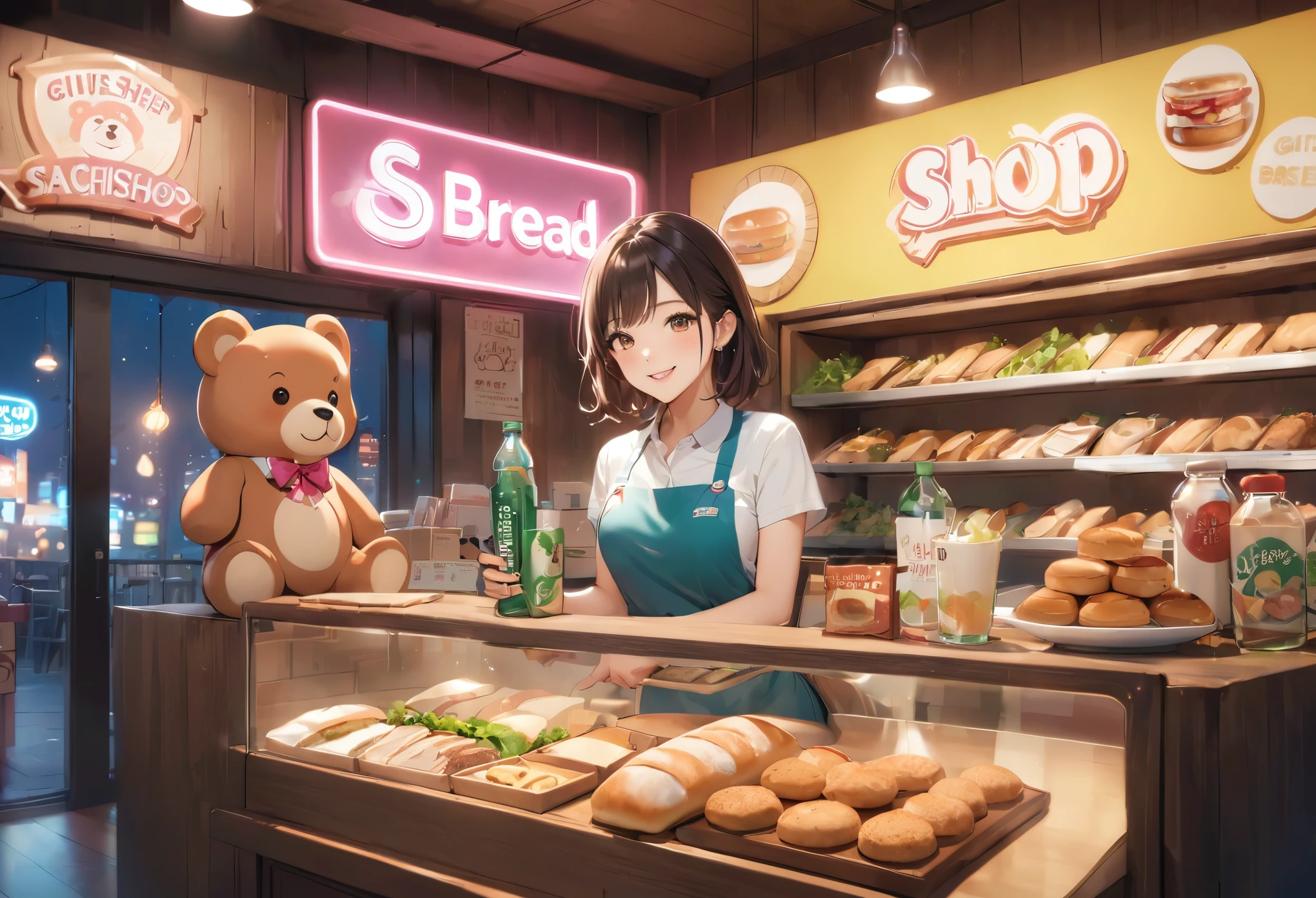 パン店，かわいらしい女の子，女性店員，にっこり，美しい顔，制作サンドイッチ，_与える，壁にはかわいいクマの看板，小熊パン，ネオンライト，パン，ビスケット，サンドイッチ，サラダ，ボトル入り飲料，アニメ，素敵な背景，被写界深度，CG 統一，図，