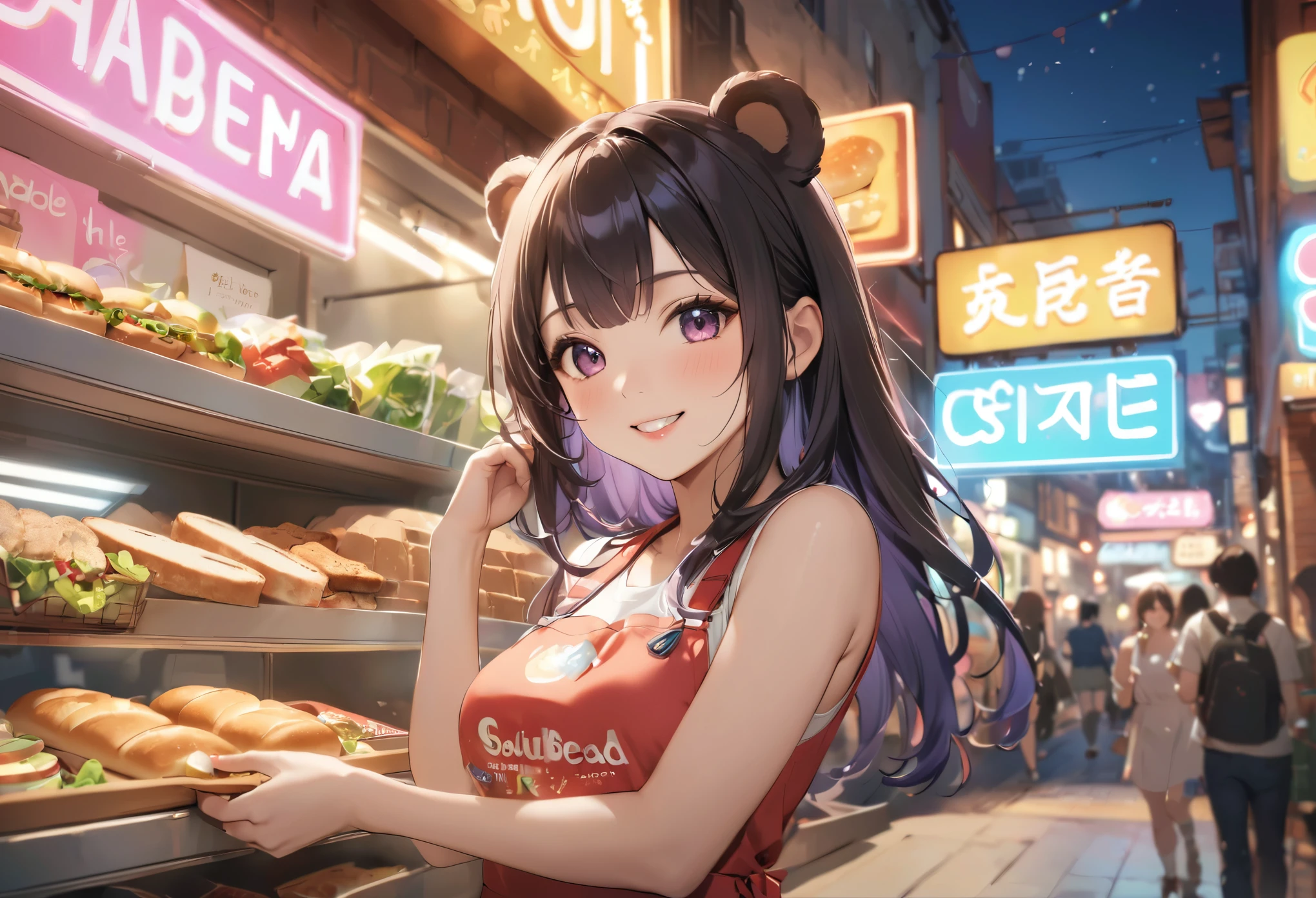 Bread店，A pretty girl，Female shop assistant，Happy smile，beautiful face，制作Sandwiches，_Give，A cute bear shop sign on the wall，小熊Bread，neon light，Bread，biscuit，Sandwiches，Salad，Bottled drinks，anime，Nice background，Depth of Field，CG unity，illustration，