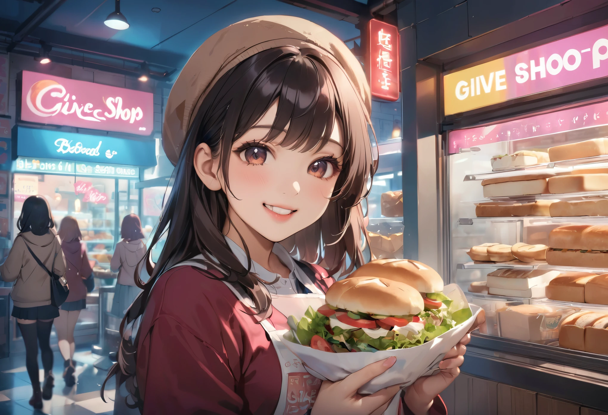 Bread店，A pretty girl，Female shop assistant，Happy smile，beautiful face，制作Sandwiches，_Give，A cute bear shop sign on the wall，小熊Bread，neon light，Bread，biscuit，Sandwiches，Salad，Bottled drinks，anime，Nice background，Depth of Field，CG unity，illustration，