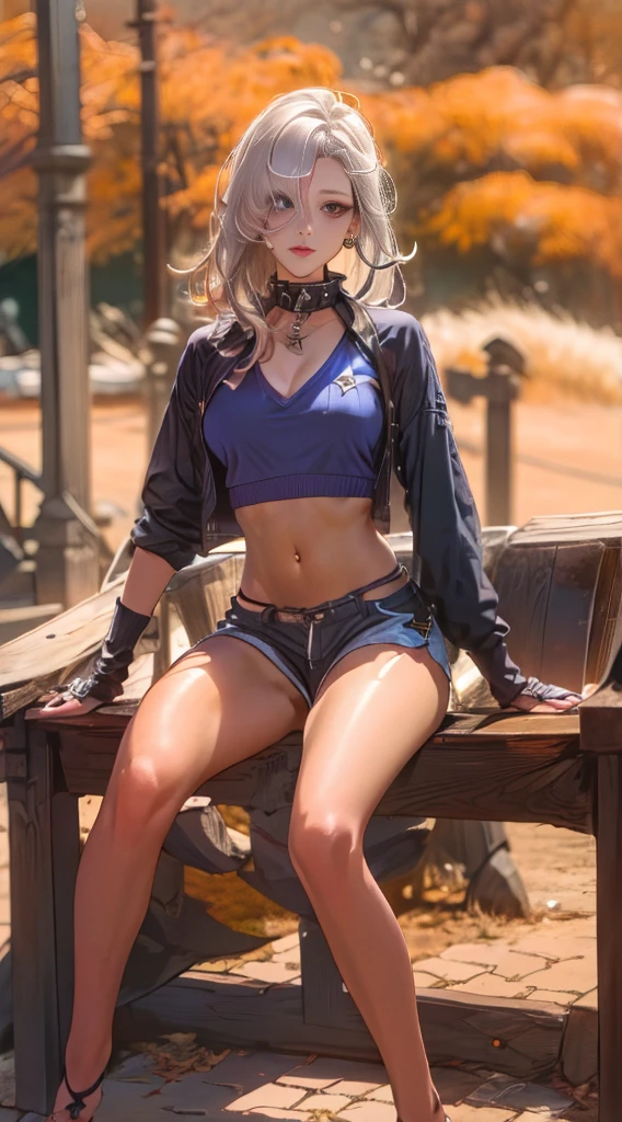 highres, 1girl, ((hair cover one eye, loona shorts, face detailed, spiked collar, pentagram on chest, Legs long, bored face, feets, and to the cauda, academy, dentro da academy, luvas loona, sitting on a bench))), solo, crop top, breasts big, fully body, tummy, Waist slender, big hips, ((((front)))), loona, black thighs, hairy, Pelo, antrum, Eyes red, patas
