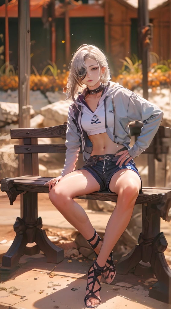 highres, 1girl, ((hair cover one eye, loona shorts, face detailed, spiked collar, pentagram on chest, Legs long, bored face, feets, and to the cauda, academy, dentro da academy, luvas loona, sitting on a bench))), solo, crop top, breasts big, fully body, tummy, Waist slender, big hips, ((((front)))), loona, black thighs, hairy, Pelo, antrum, Eyes red, patas